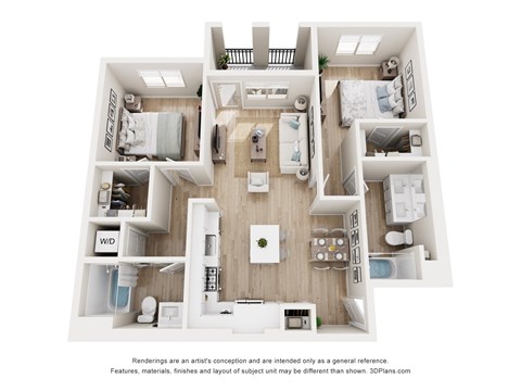 A 3D floor plan of a house with a kitchen, living room, and two bedrooms.
